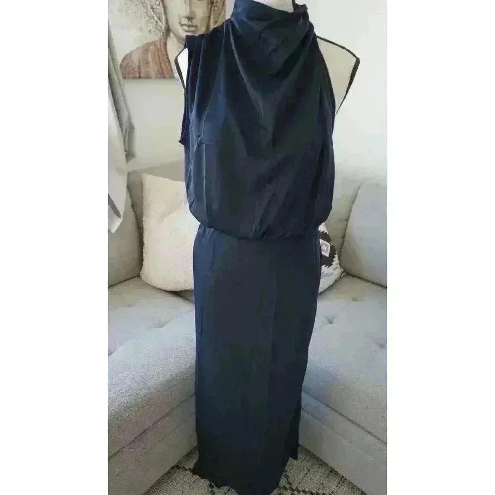NWT PRETTYGARDEN Navy Satin Elegant Sleeveless Mock Neck Dress, Size M - Picture 4 of 16